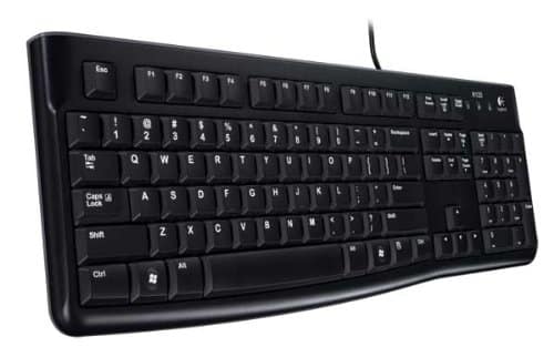 Logitech K120 Kabelgebundene Tastatur für Windows, USB-Anschluss, Leises Tippen, Robust, Spritzwassergeschützt, Einstellbare Tastaturaufsteller, Russisches Layout - schwarz