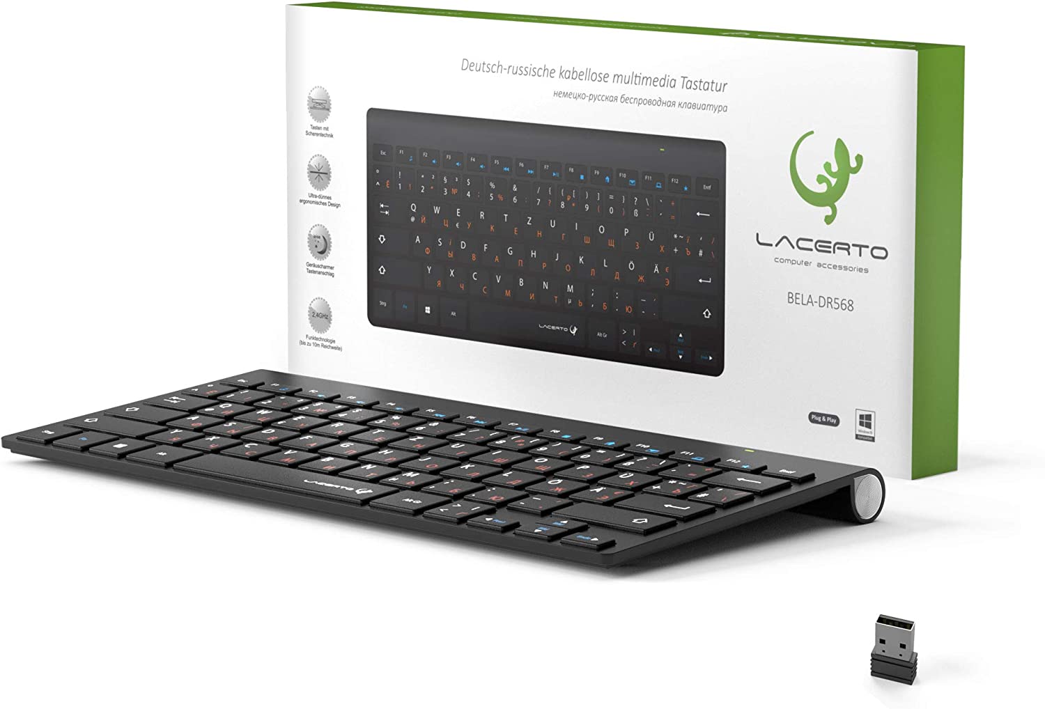 Lacerto® | Bilinguale Russisch-Deutsche Kabellose 2,4 GHz Multimedia Tastatur, Russian-German Wireless Multimedia Keyboard | BELA-DR568 | Matt Schwarz
